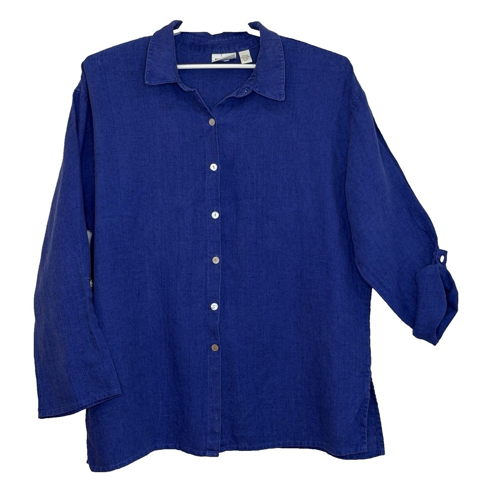 Chico's Design Button Front Top Size 3 XL Blue 100% Linen‎ Long Roll Tab Sleeve
